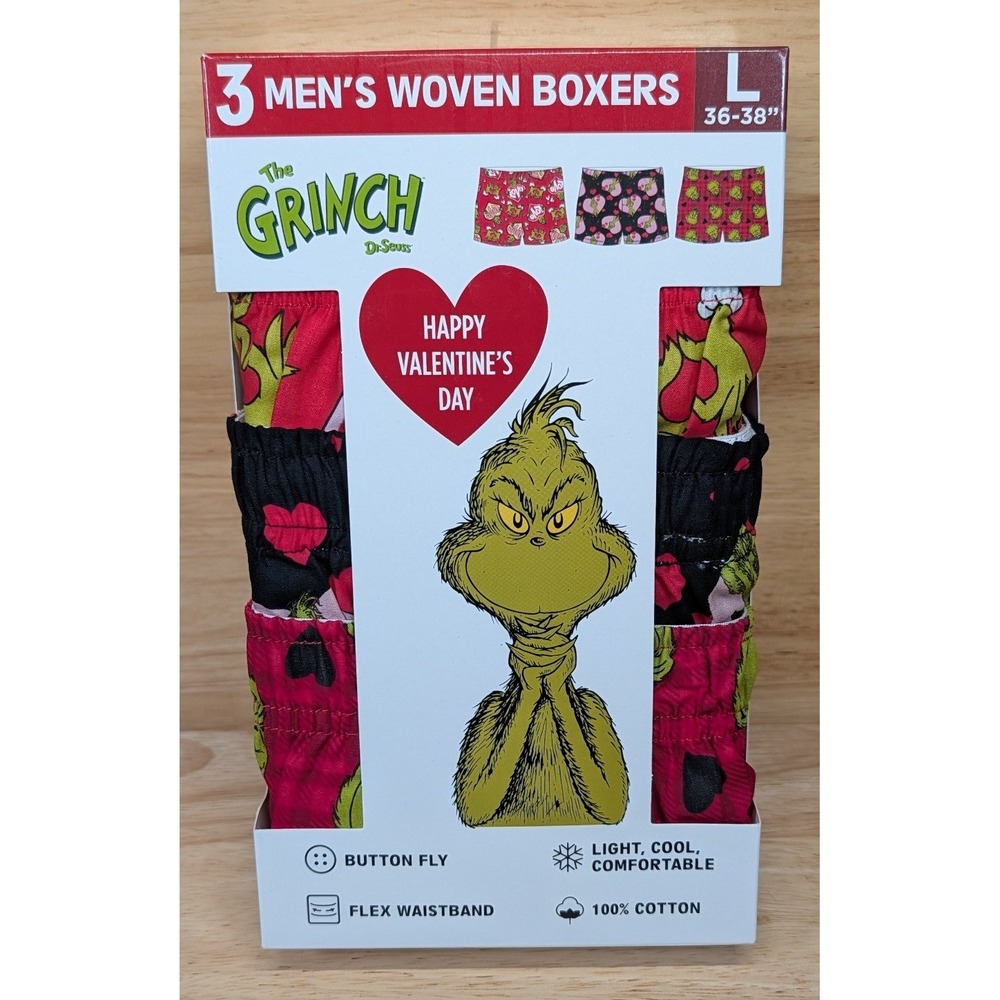 Dr Seuss The Grinch Mens 3 Pack Woven Boxers Valentines Day Hearts Size L 36-38